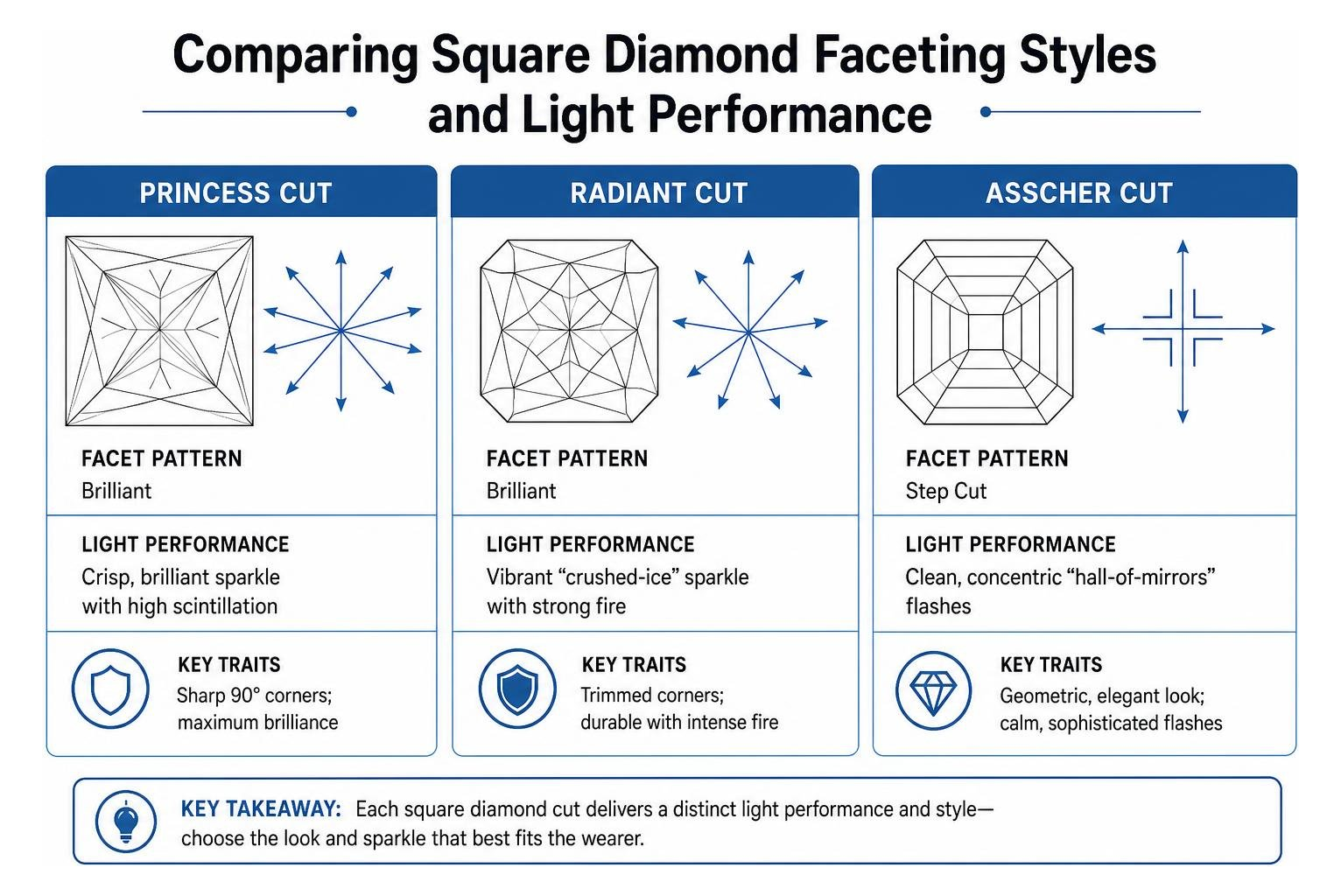 Comparing square diamond faceting styles and light performance