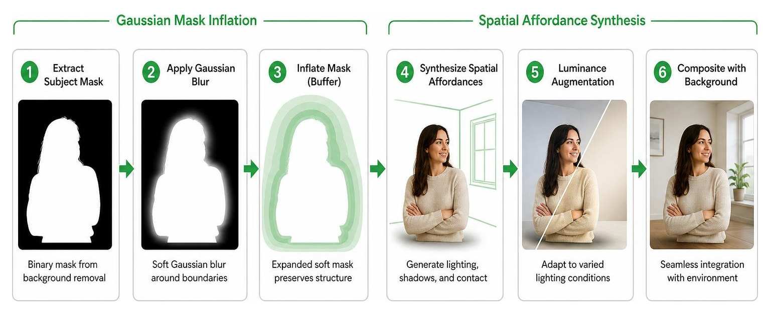 Process of Gaussian mask inflation and spatial affordance synthesis Process of Gaussian mask inflation and spatial affordance synthesis