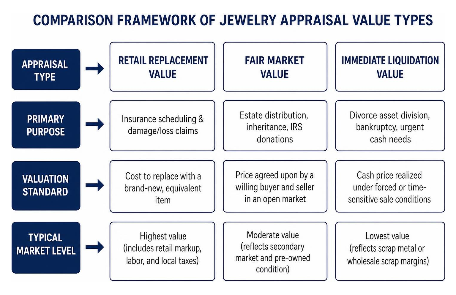 Comparison framework of jewelry appraisal value types