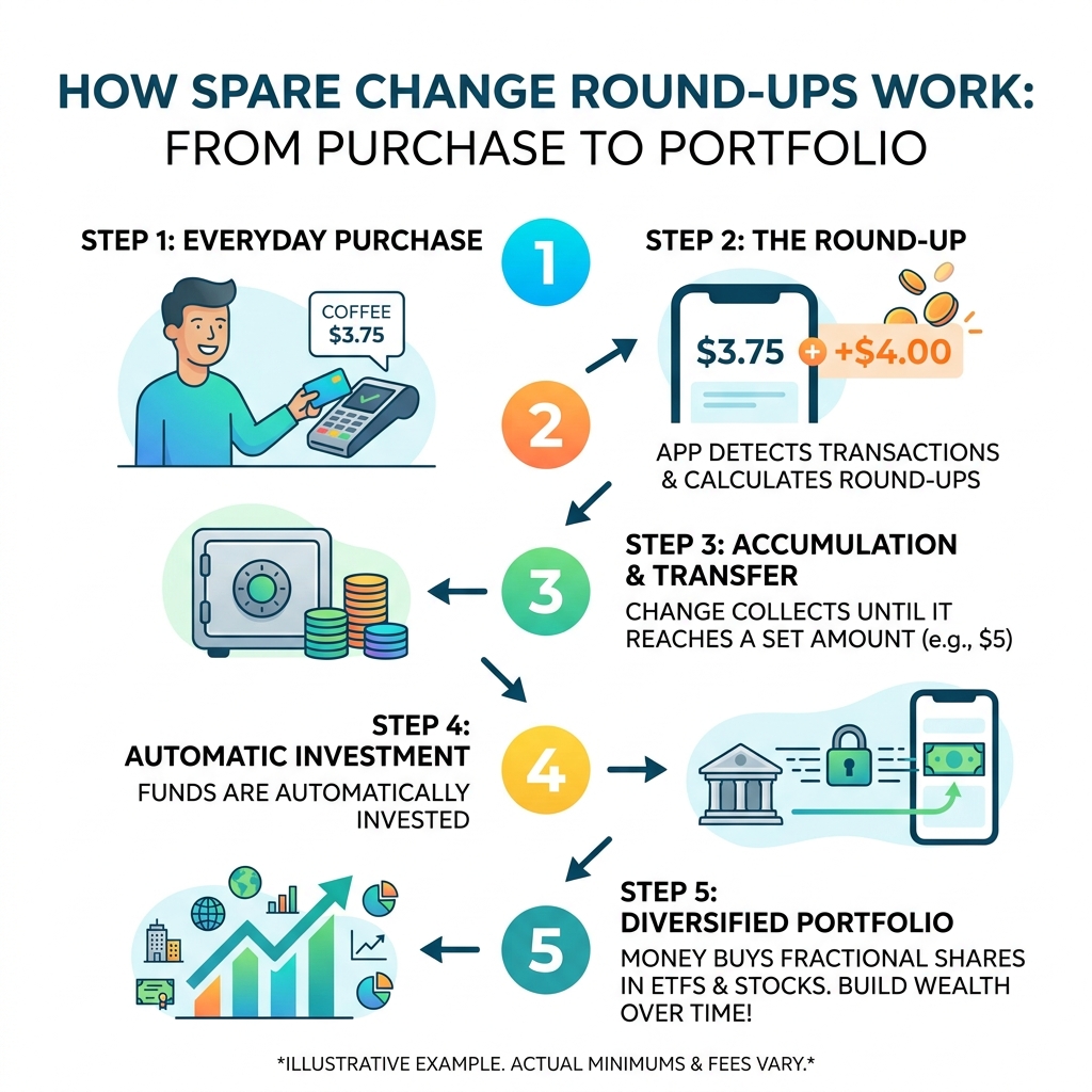 Infographic showing how spare change round-ups work step by step from purchase to portfolio - app for investing small Infographic showing how spare change round-ups work step by step from purchase to portfolio - app for investing small