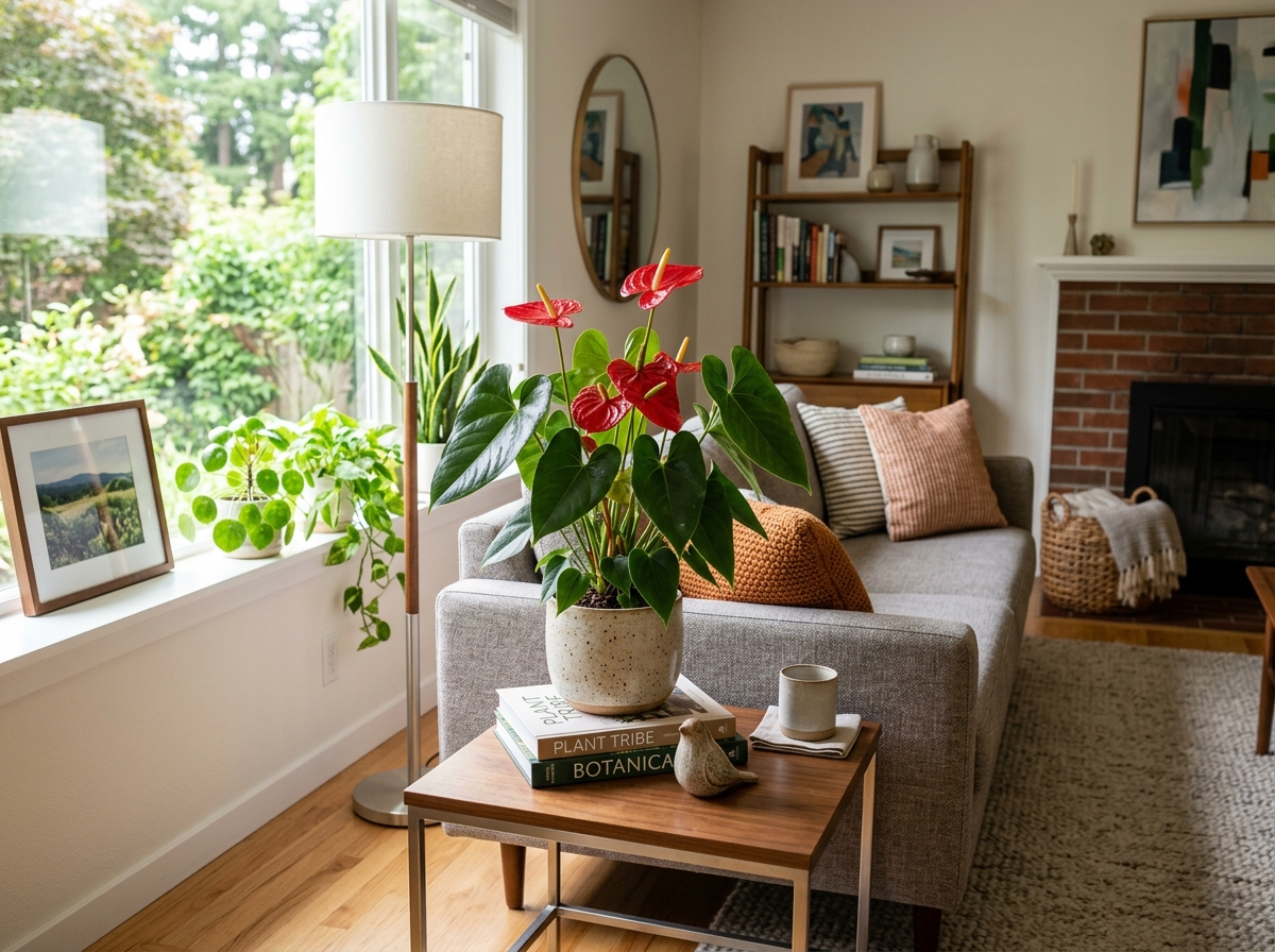 A vibrant Anthurium plant placed in a modern living room to enhance decor and air quality - anthurium air purifier A vibrant Anthurium plant placed in a modern living room to enhance decor and air quality - anthurium air purifier
