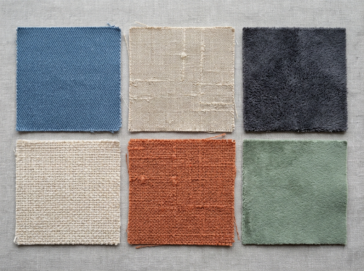 Close-up of different upholstery fabric swatches including cotton, linen, and microfiber - organic wine spill couch remover Close-up of different upholstery fabric swatches including cotton, linen, and microfiber - organic wine spill couch remover