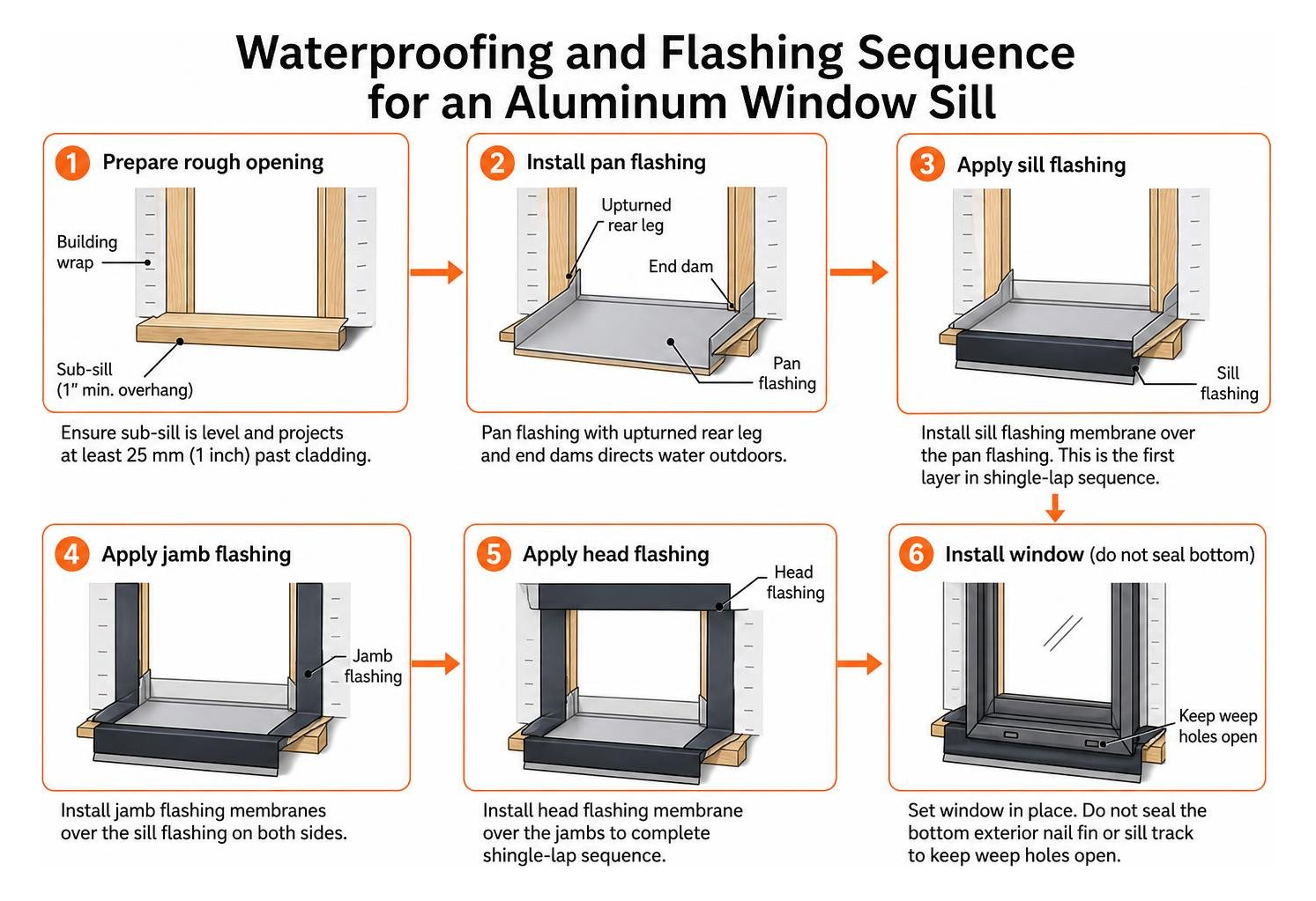 Waterproofing and flashing sequence for an aluminum window sill