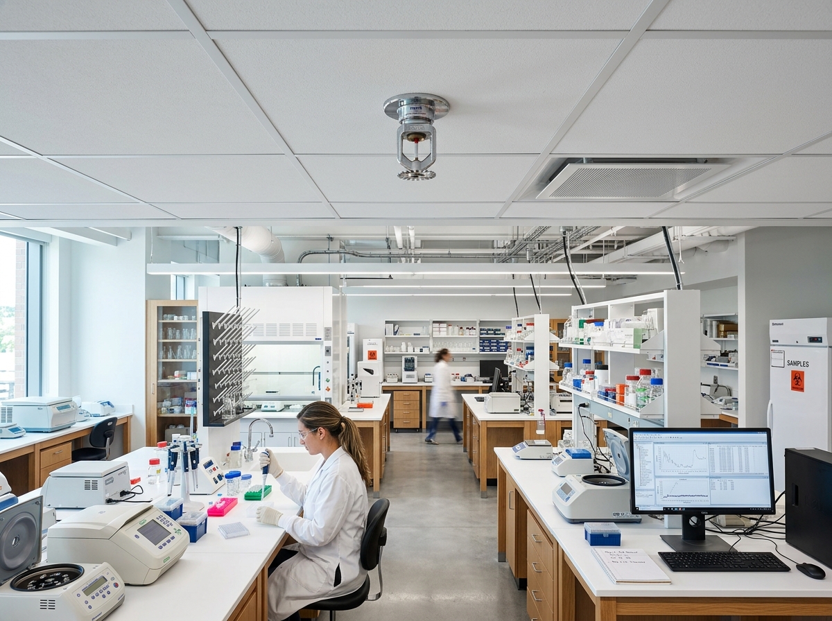 Ceiling mounted suppressor installed in a high-tech lab environment - ceiling mounted fire suppression system