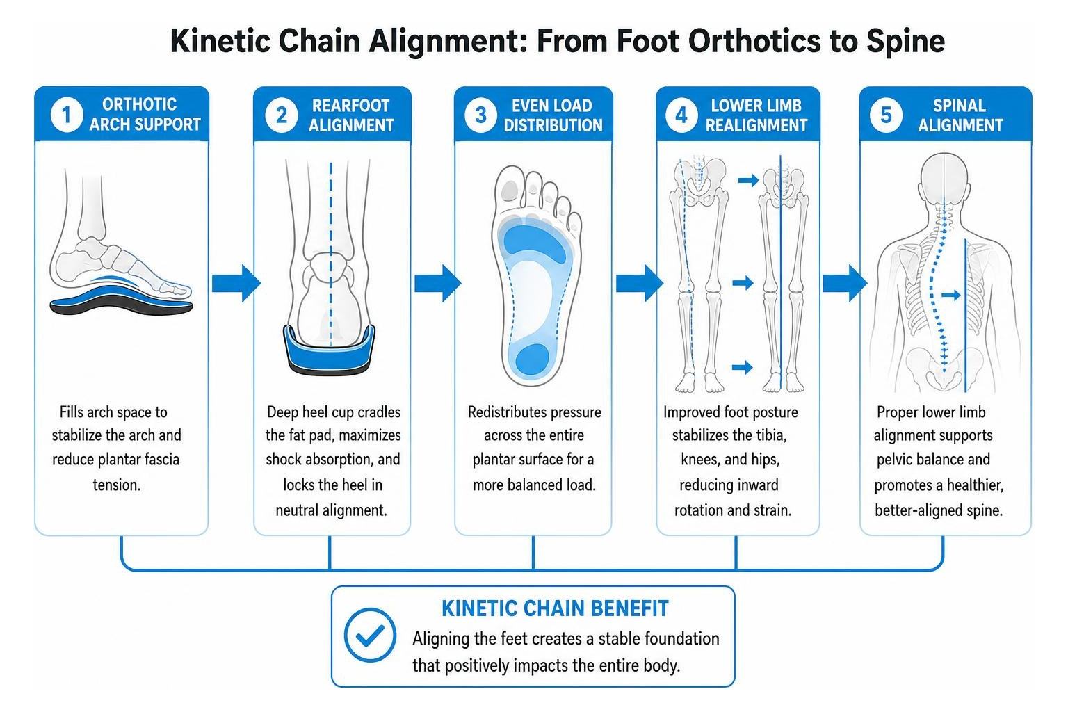 Kinetic chain alignment from foot orthotics to spine