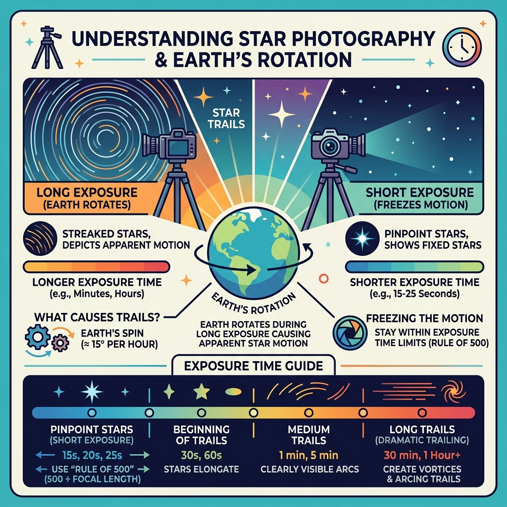 Infographic showing Earth's rotation causing star trails vs pinpoint stars with exposure time guide - long exposure star