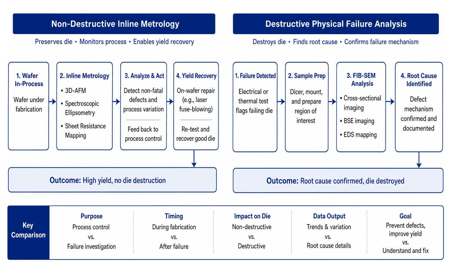 Comparison diagram of non-destructive inline metrology versus destructive physical failure analysis