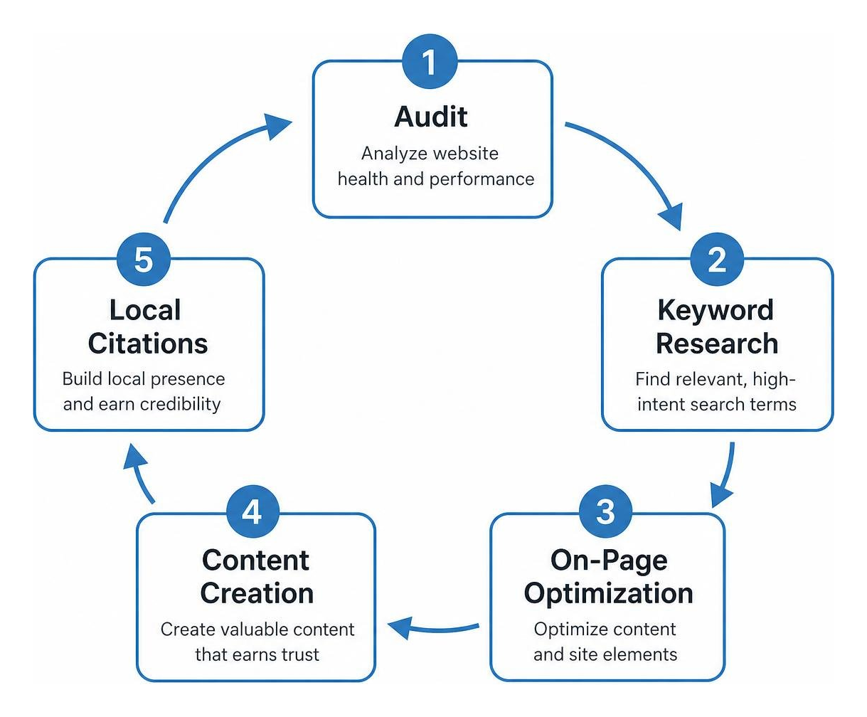 Diagram illustrating the continuous loop of SEO: Audit, Keyword Research, On-Page Optimization, Content Creation, and Local Diagram illustrating the continuous loop of SEO: Audit, Keyword Research, On-Page Optimization, Content Creation, and Local
