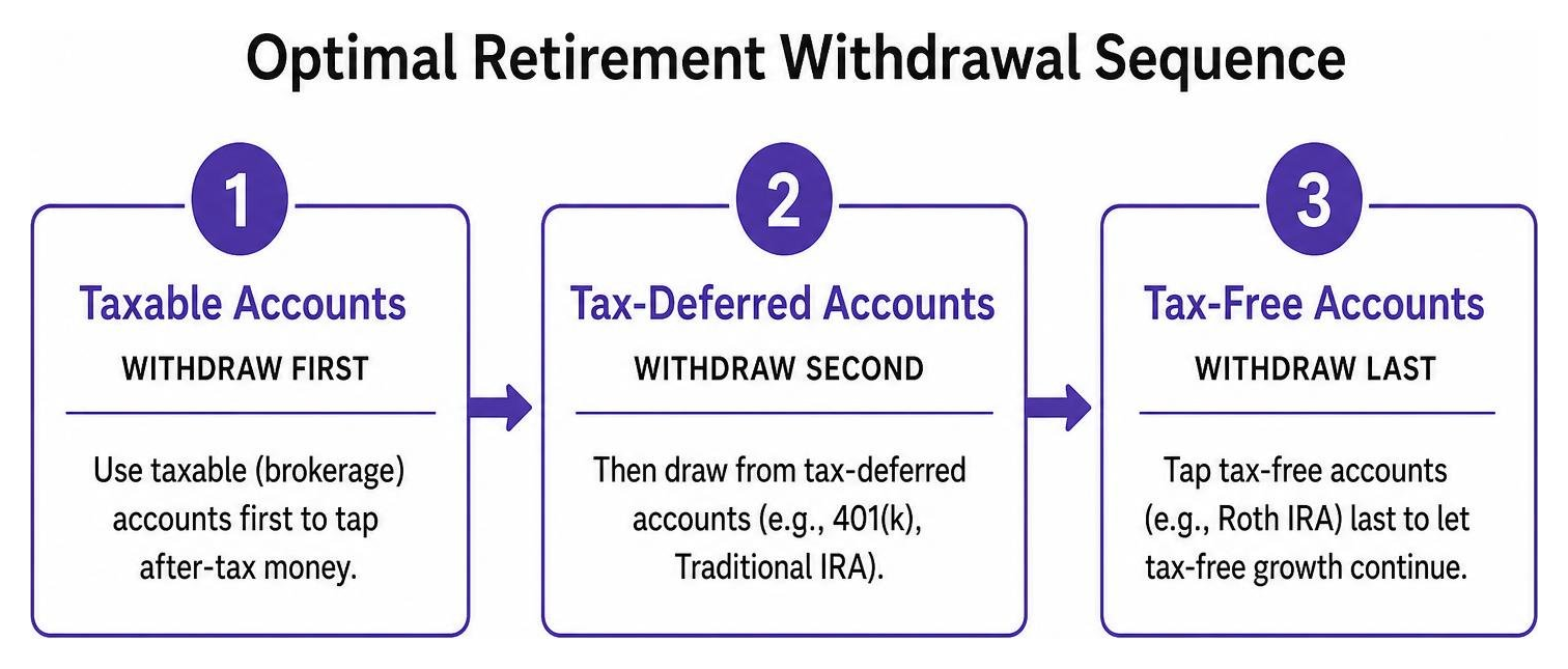 diagram showing optimal retirement withdrawal sequence: taxable accounts first, then tax-deferred, then tax-free