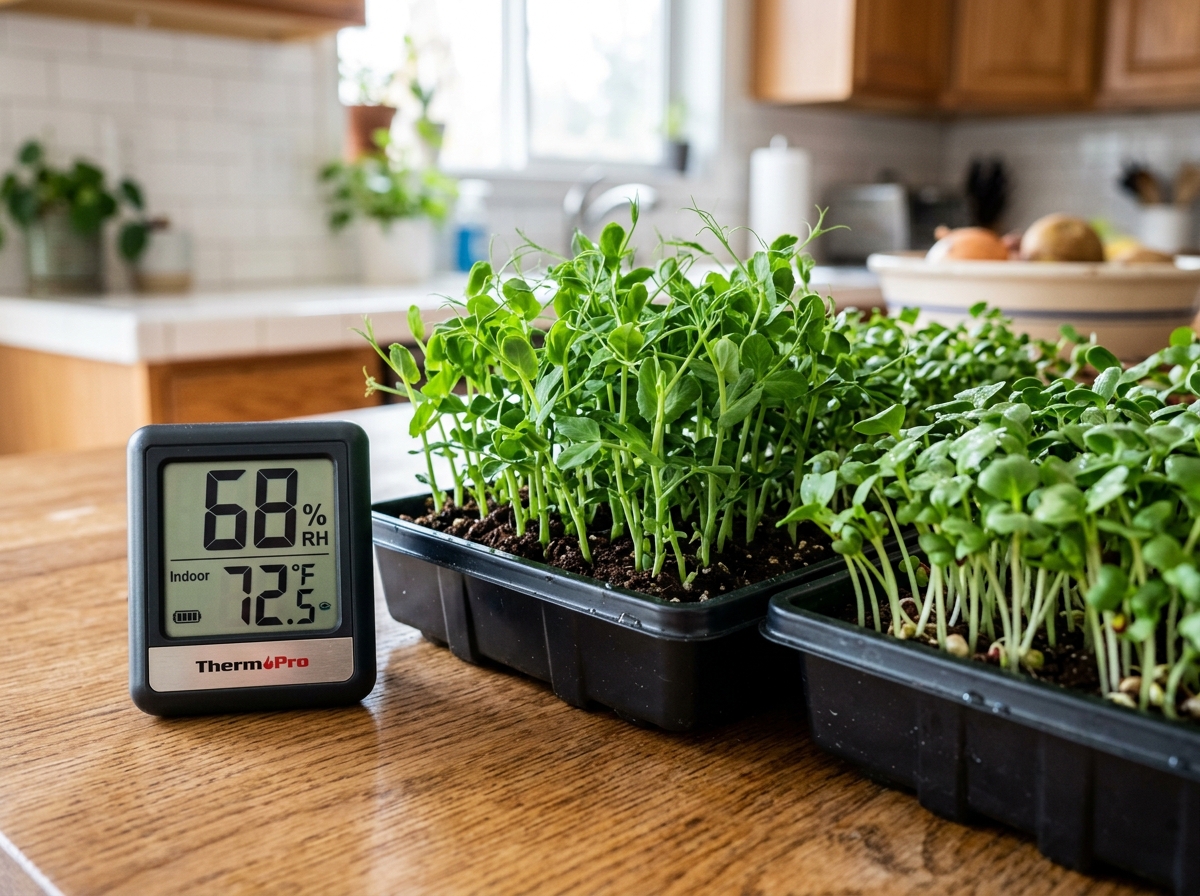 Digital hygrometer sitting next to lush green microgreen trays - best humidity for microgreens