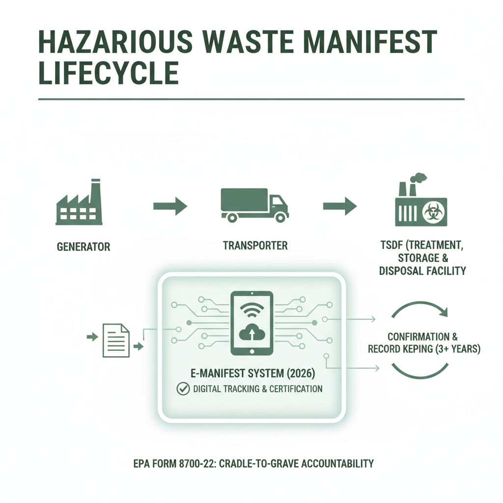 Infographic: hazardous waste manifest lifecycle from generator to transporter to TSDF with e-Manifest system overlay Infographic: hazardous waste manifest lifecycle from generator to transporter to TSDF with e-Manifest system overlay