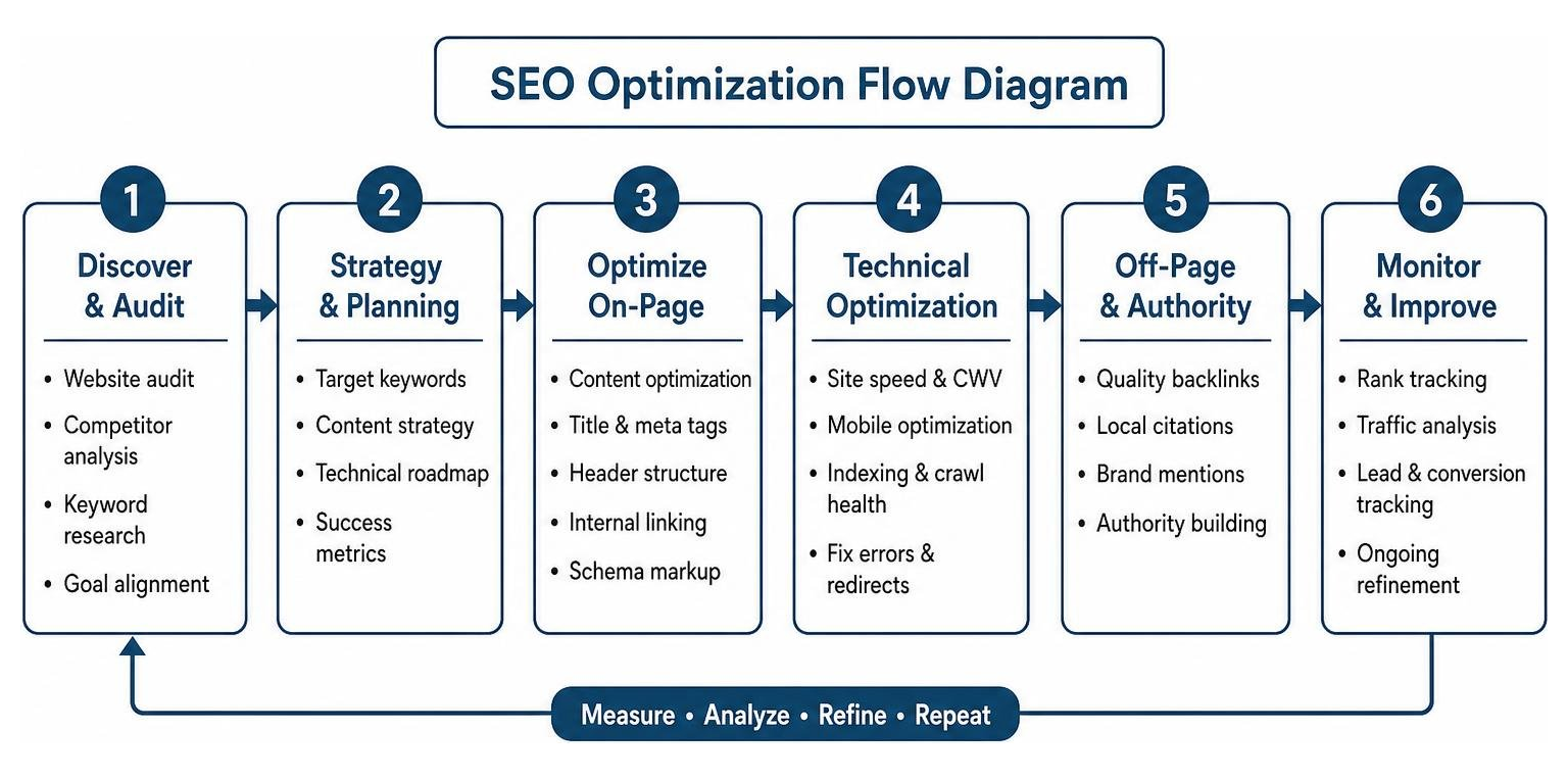 SEO Optimization Flow Diagram SEO optimization flow diagram illustrating website audit, keyword research, and technical optimization for AI search