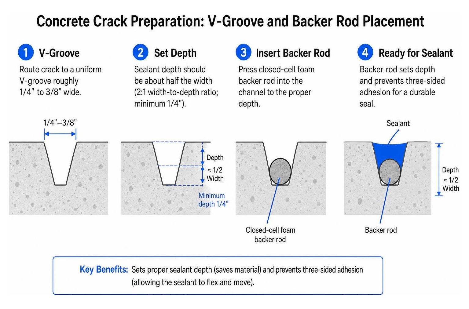 Concrete crack preparation cross section showing V-groove and backer rod placement Concrete crack preparation cross section showing V-groove and backer rod placement