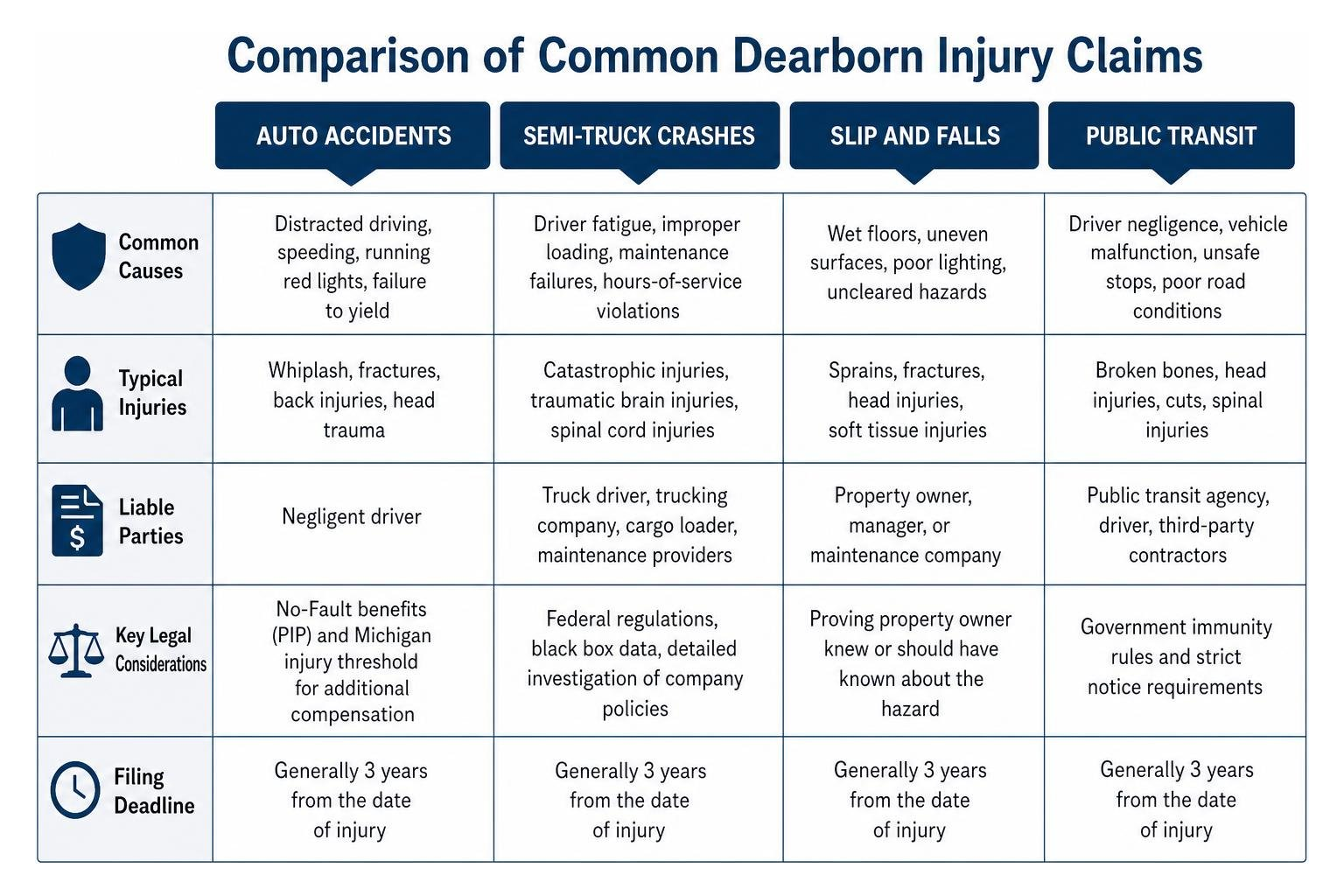 Comparison of common Dearborn injury claims: Auto accidents, semi-truck crashes, slip and falls, public transit Comparison of common Dearborn injury claims: Auto accidents, semi-truck crashes, slip and falls, public transit