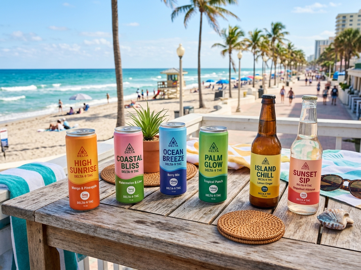 Delta THC drinks on a sunny Hollywood Beach patio - delta thc drinks reviews