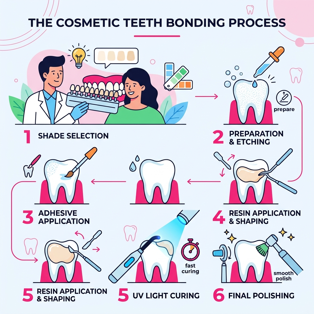 Step-by-step infographic of the cosmetic teeth bonding process from shade selection to final polish - Cosmetic teeth bonding
