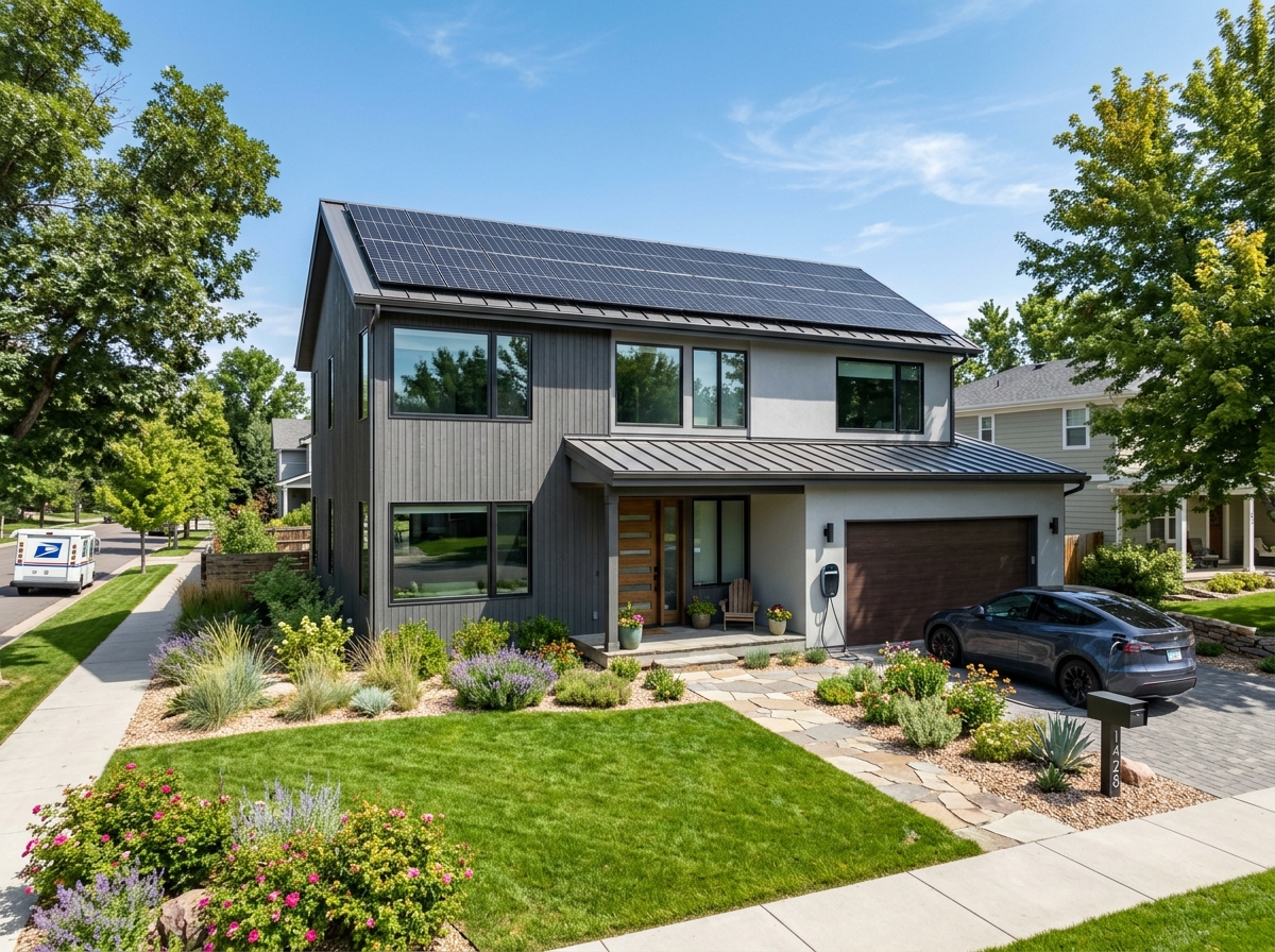 A modern energy-efficient home with solar panels and lush landscaping - less carbon emission