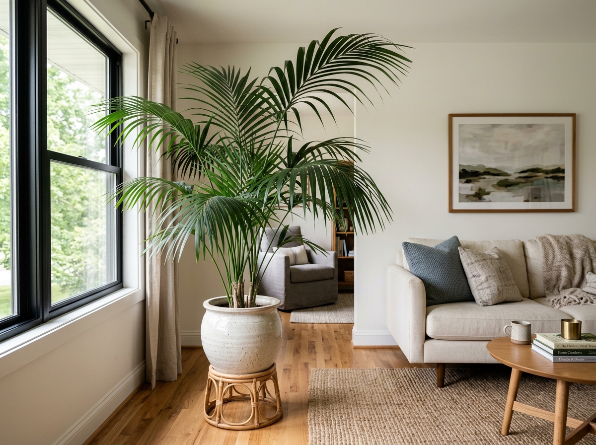 lush Kentia Palm in a living room corner - big house plants safe for cats