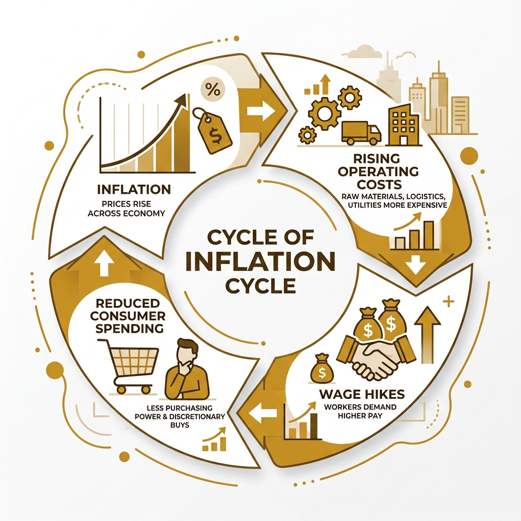 Infographic showing the cycle of inflation, rising business costs, wage hikes, and reduced consumer spending - business Infographic showing the cycle of inflation, rising business costs, wage hikes, and reduced consumer spending - business