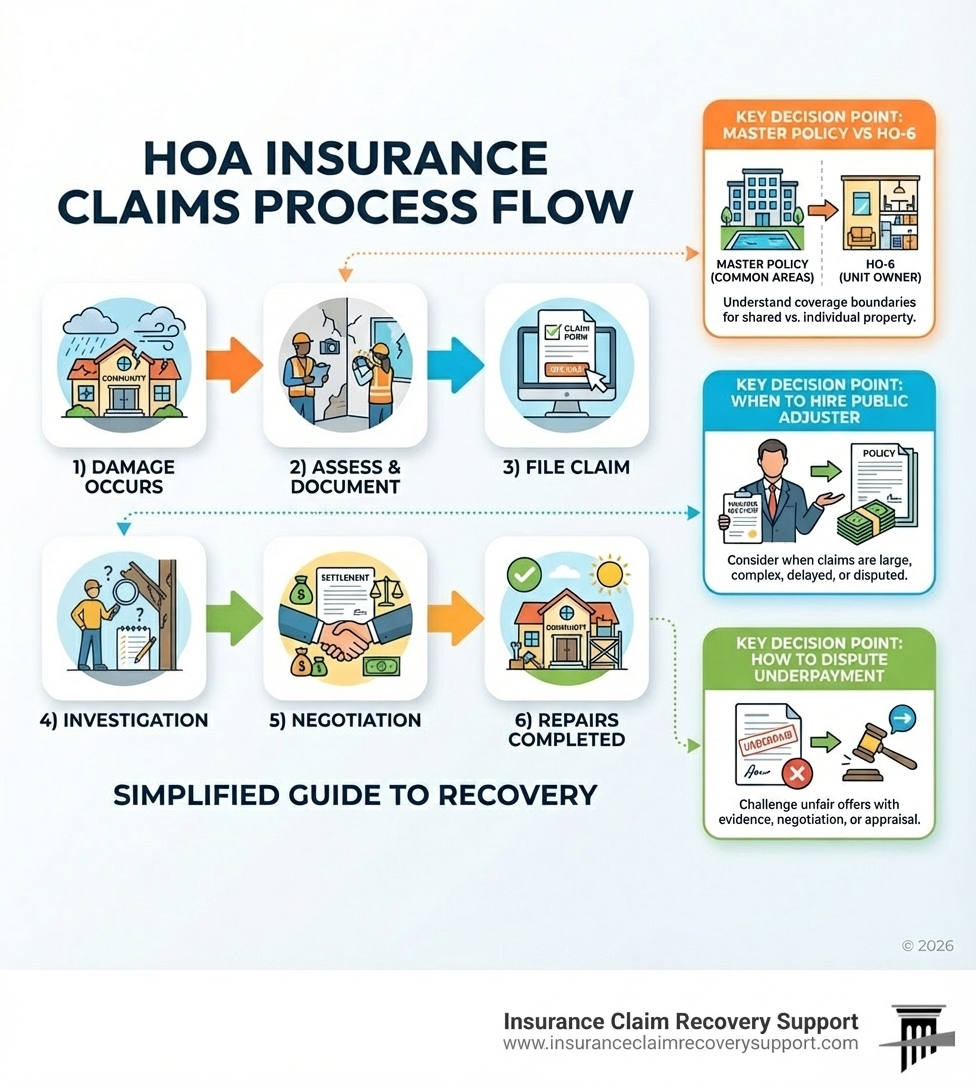 Infographic showing the HOA insurance claims process flow: 1) Damage occurs to common areas 2) HOA board assesses and documents damage 3) Claim filed under master policy 4) Insurance adjuster investigates 5) Settlement negotiation 6) Repairs completed. Side boxes show key decision points: Master Policy vs HO-6 coverage, When to hire public adjuster, How to dispute underpayment. - HOA Insurance Claims infographic Infographic showing the HOA insurance claims process flow: 1) Damage occurs to common areas 2) HOA board assesses and documents damage 3) Claim filed under master policy 4) Insurance adjuster investigates 5) Settlement negotiation 6) Repairs completed. Side boxes show key decision points: Master Policy vs HO-6 coverage, When to hire public adjuster, How to dispute underpayment. - HOA Insurance Claims infographic