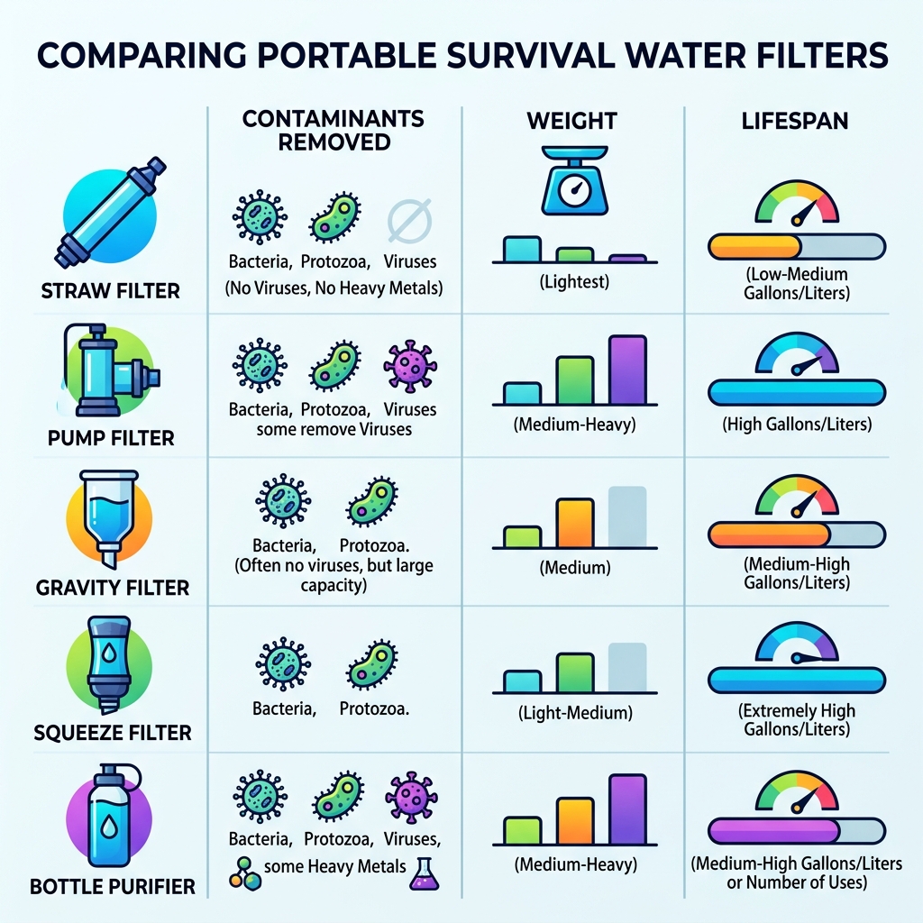 Infographic comparing types of portable survival water filters by contaminants removed, weight, and lifespan - portable