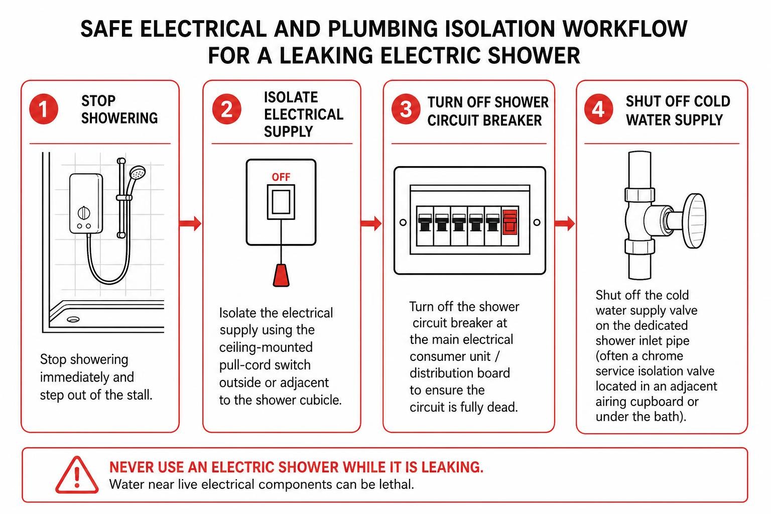 Safe electrical and plumbing isolation workflow for a leaking electric shower Safe electrical and plumbing isolation workflow for a leaking electric shower