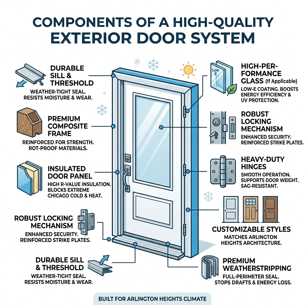 Infographic showing components of a high-quality exterior door system for Arlington Heights homes - door replacement Infographic showing components of a high-quality exterior door system for Arlington Heights homes - door replacement