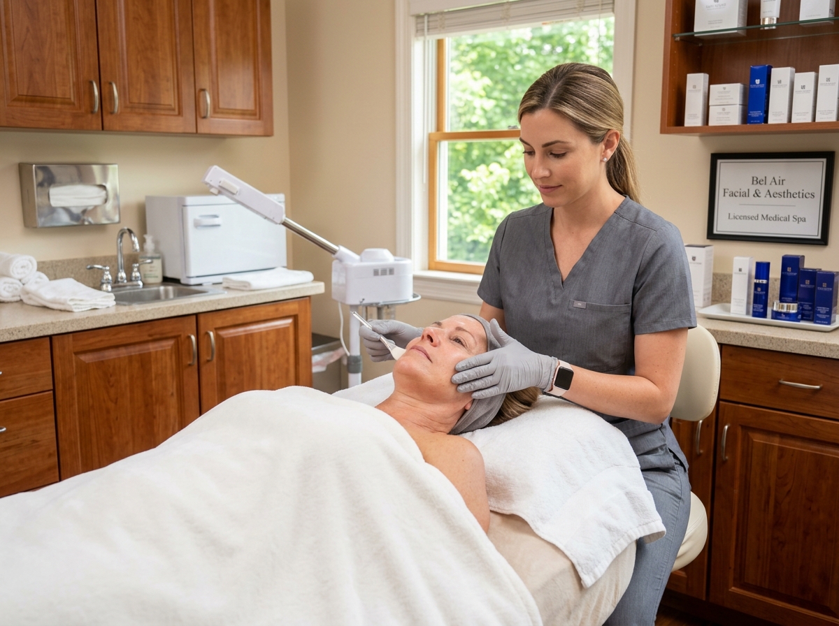 Professional skin analysis being performed by an aesthetician to determine the best facial treatment plan - facials bel air Professional skin analysis being performed by an aesthetician to determine the best facial treatment plan - facials bel air