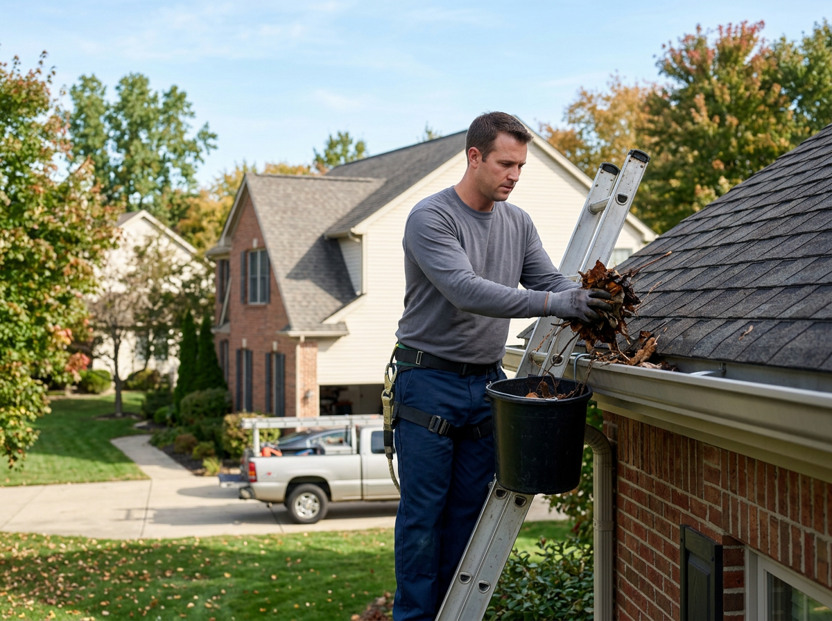 worker cleaning out residential gutters