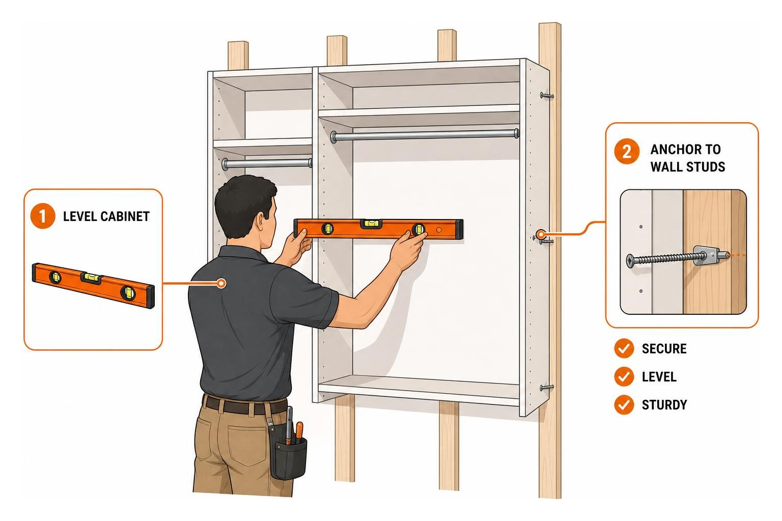 A professional installer mounting custom closet cabinets using a level and wall stud anchors A professional installer mounting custom closet cabinets using a level and wall stud anchors