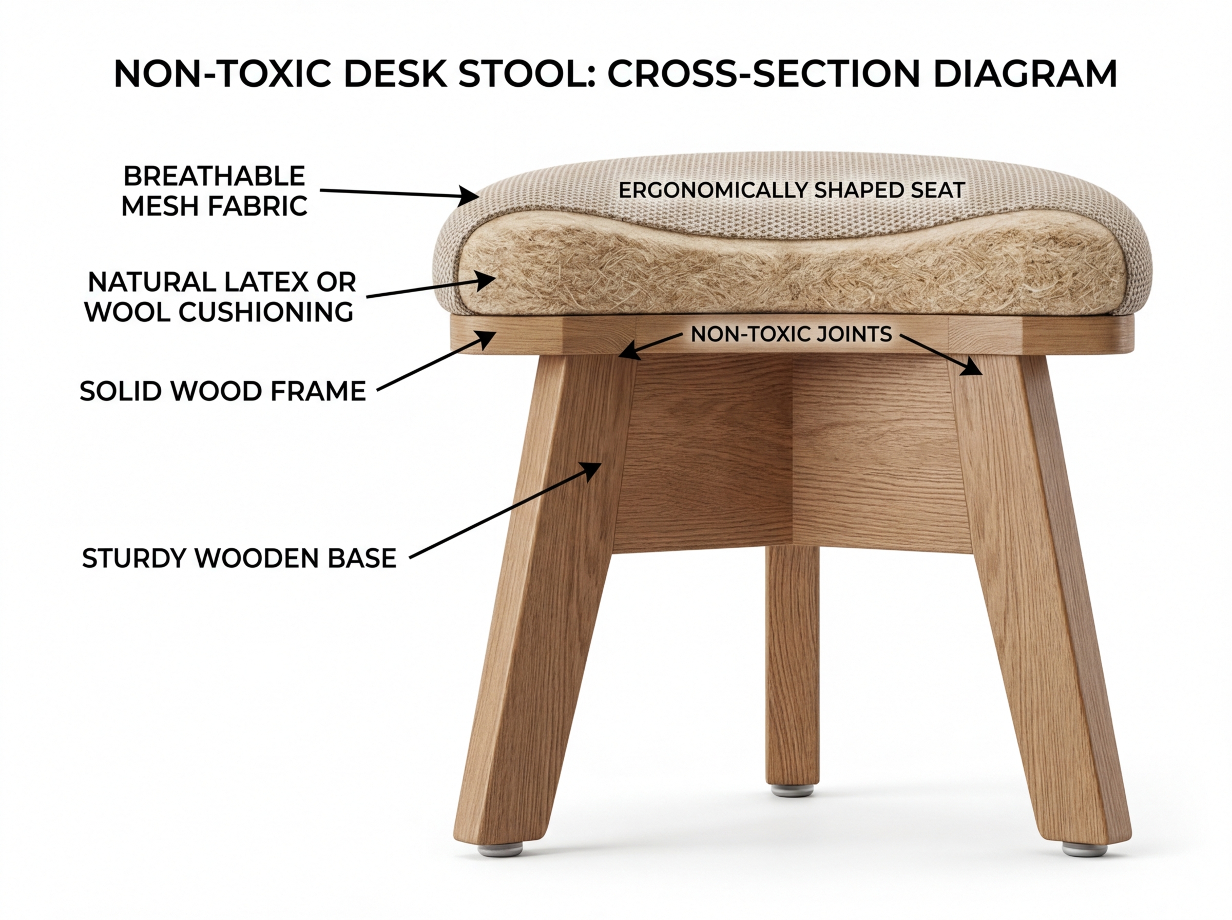 Diagram showing the layers of a non-toxic stool including solid wood and mesh - best non-toxic desk stools Diagram showing the layers of a non-toxic stool including solid wood and mesh - best non-toxic desk stools