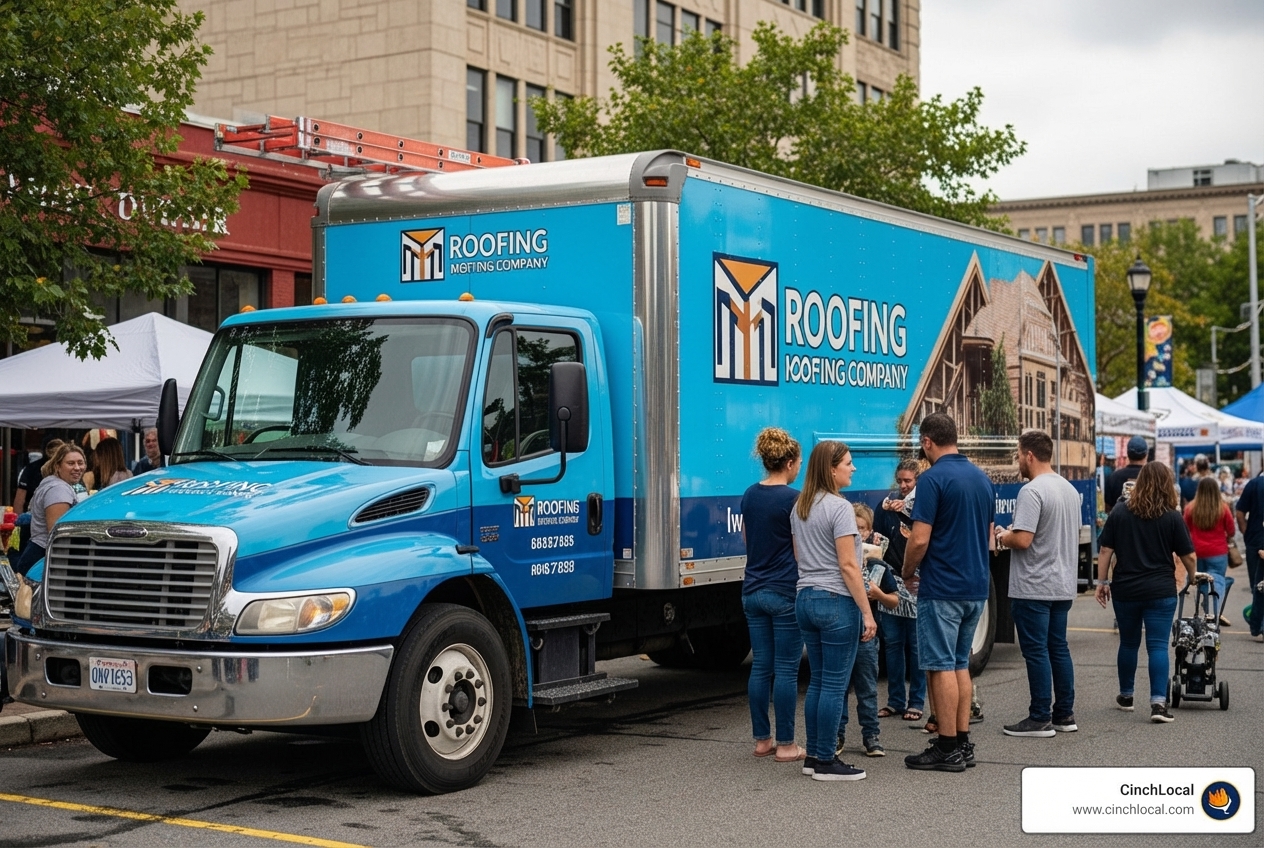 roofer's truck at community event - how to do local seo marketing