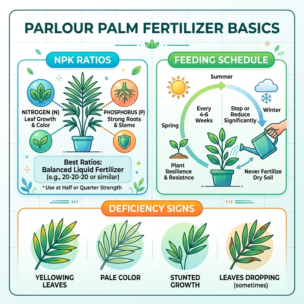 Parlour Palm fertilizer basics infographic: NPK ratios, feeding schedule, and deficiency signs - parlour palm fertilizer
