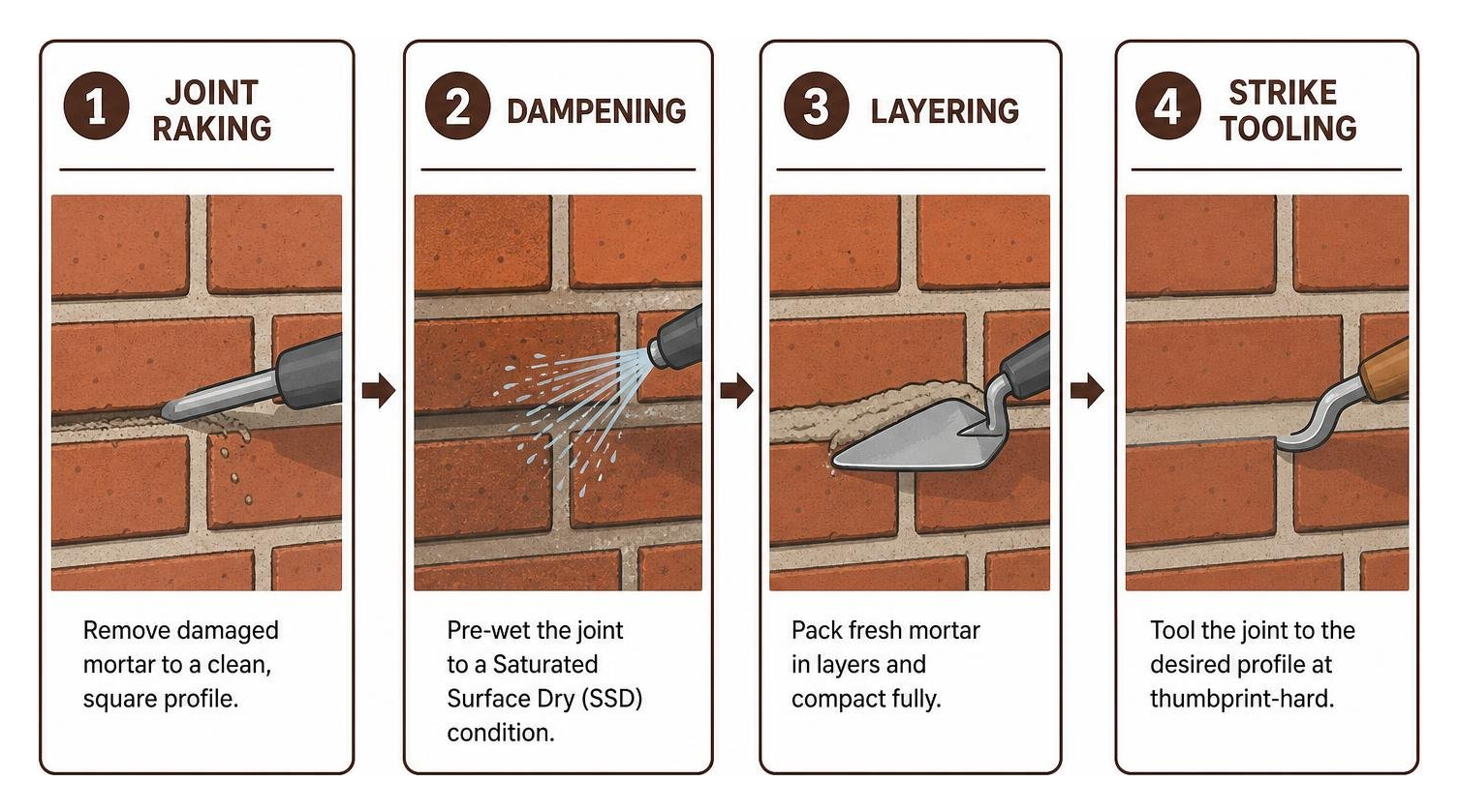 Repointing process showing joint raking, dampening, layering, and strike tooling Repointing process showing joint raking, dampening, layering, and strike tooling