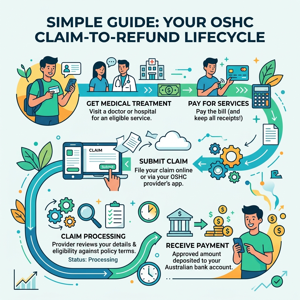 OSHC claim-to-refund lifecycle for international students in Australia - student health insurance australia infographic OSHC claim-to-refund lifecycle for international students in Australia - student health insurance australia infographic