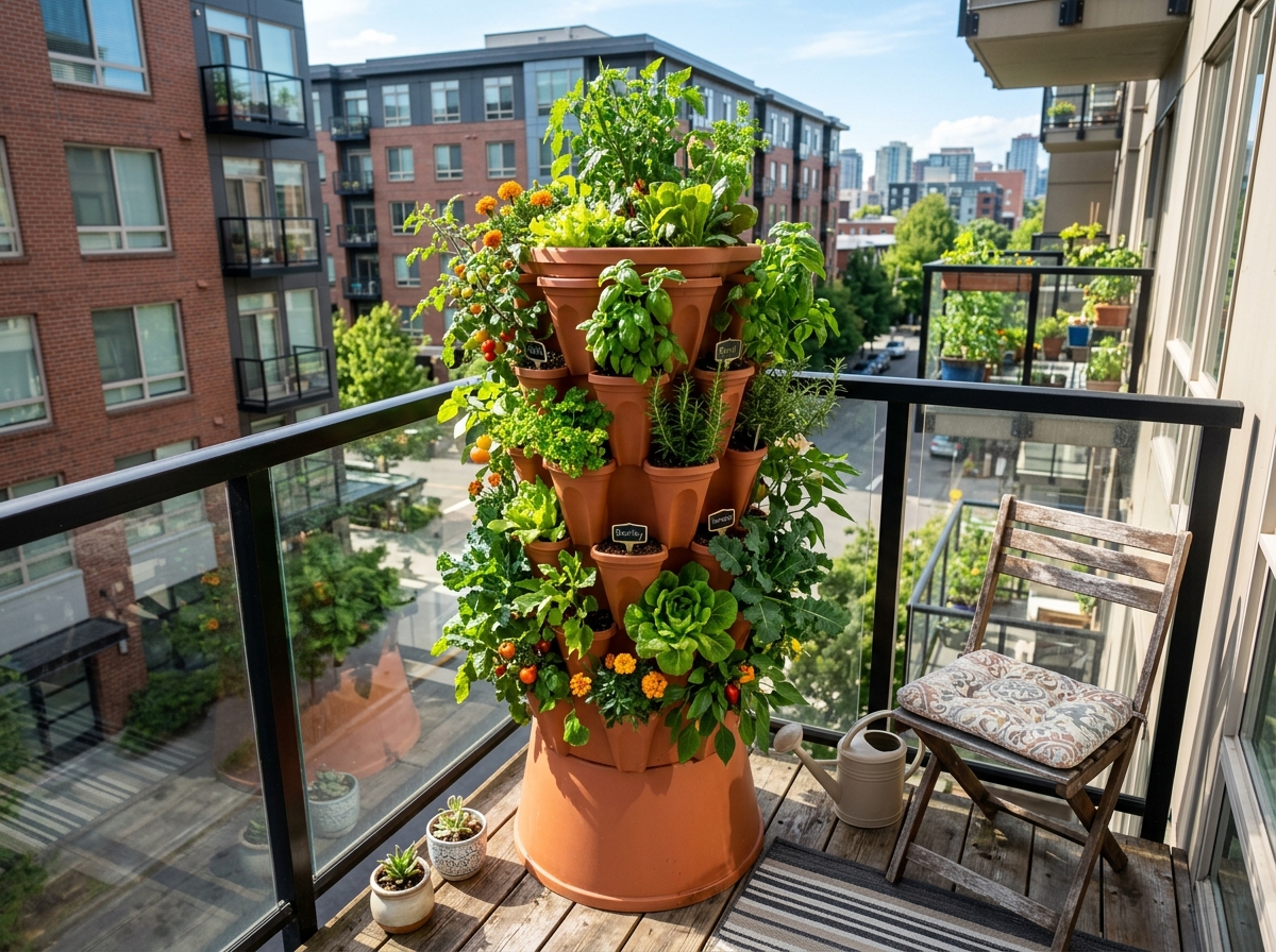 Garden Tower 2 on a small sunny urban patio - garden tower planter