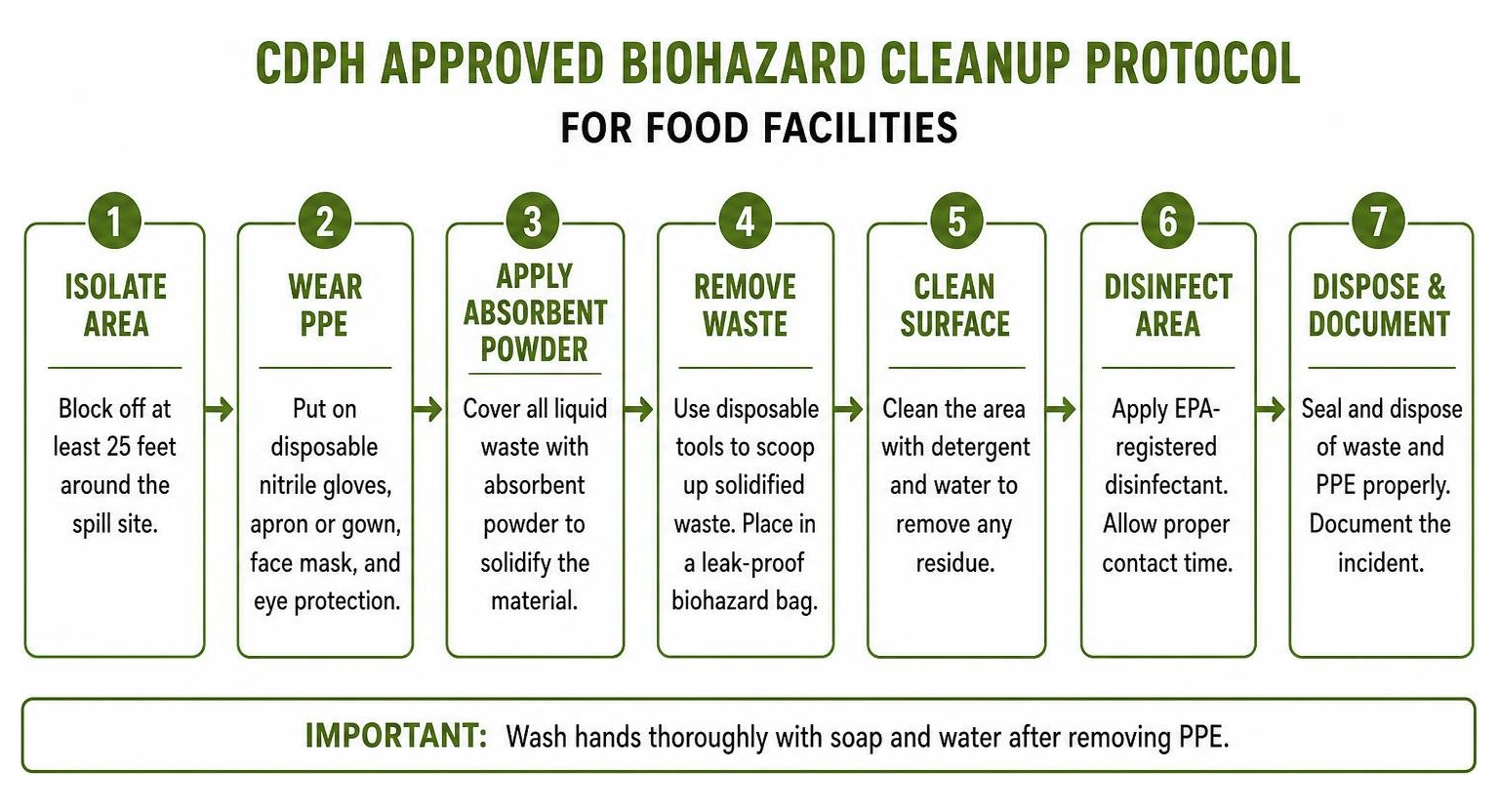 Step-by-step CDPH approved biohazard cleanup protocol flow diagram for food facilities Step-by-step CDPH approved biohazard cleanup protocol flow diagram for food facilities