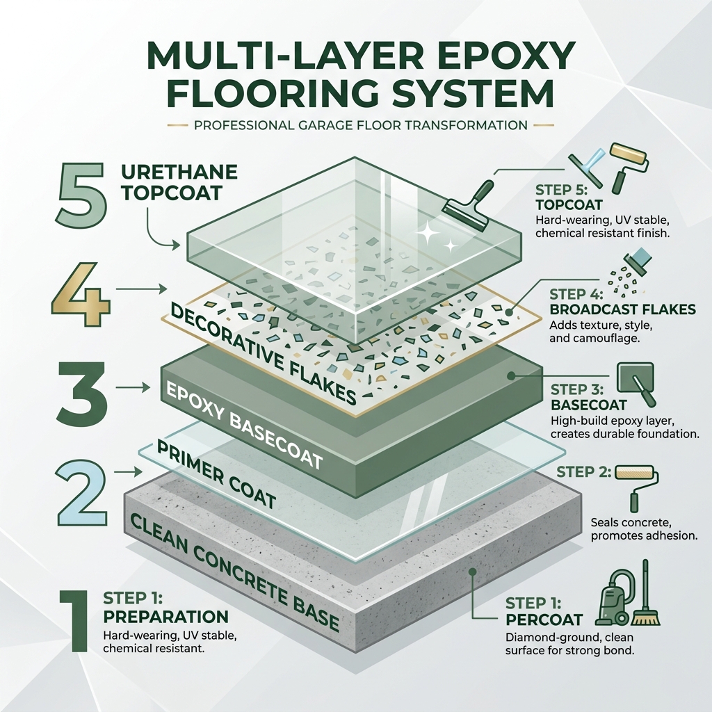 Infographic showing the multi-layer epoxy system: clean concrete base, primer coat, epoxy basecoat, decorative flakes Infographic showing the multi-layer epoxy system: clean concrete base, primer coat, epoxy basecoat, decorative flakes