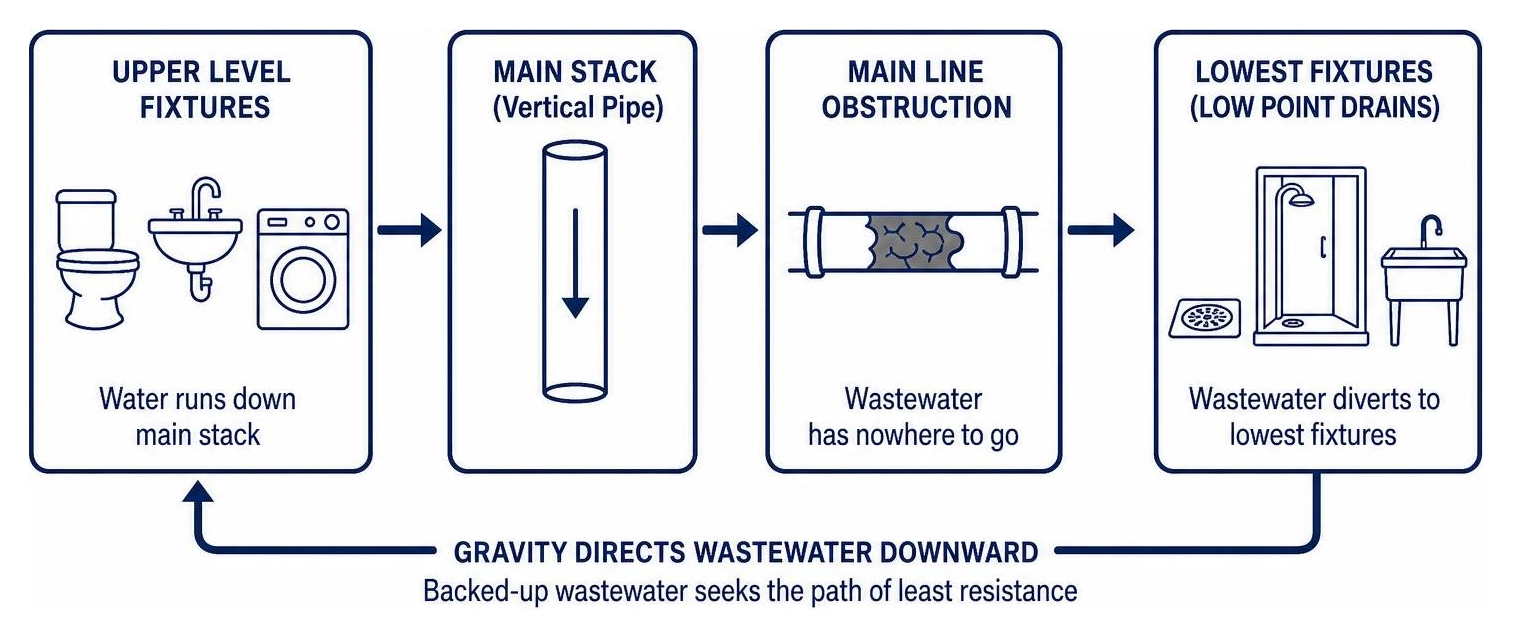flowchart of wastewater diverting to low-point drains