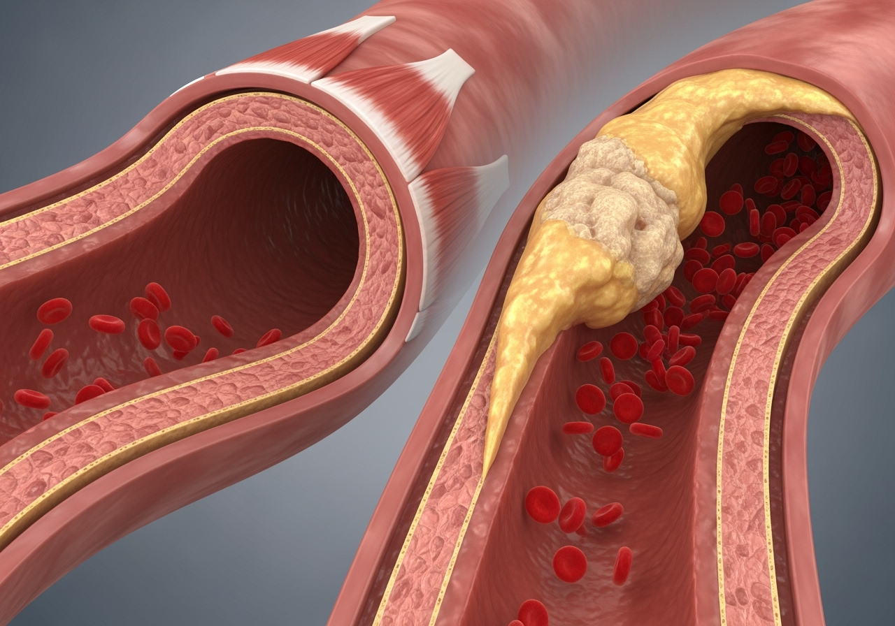 Illustration of a healthy blood vessel next to one with plaque buildup - regenmax vs gainswave comparison