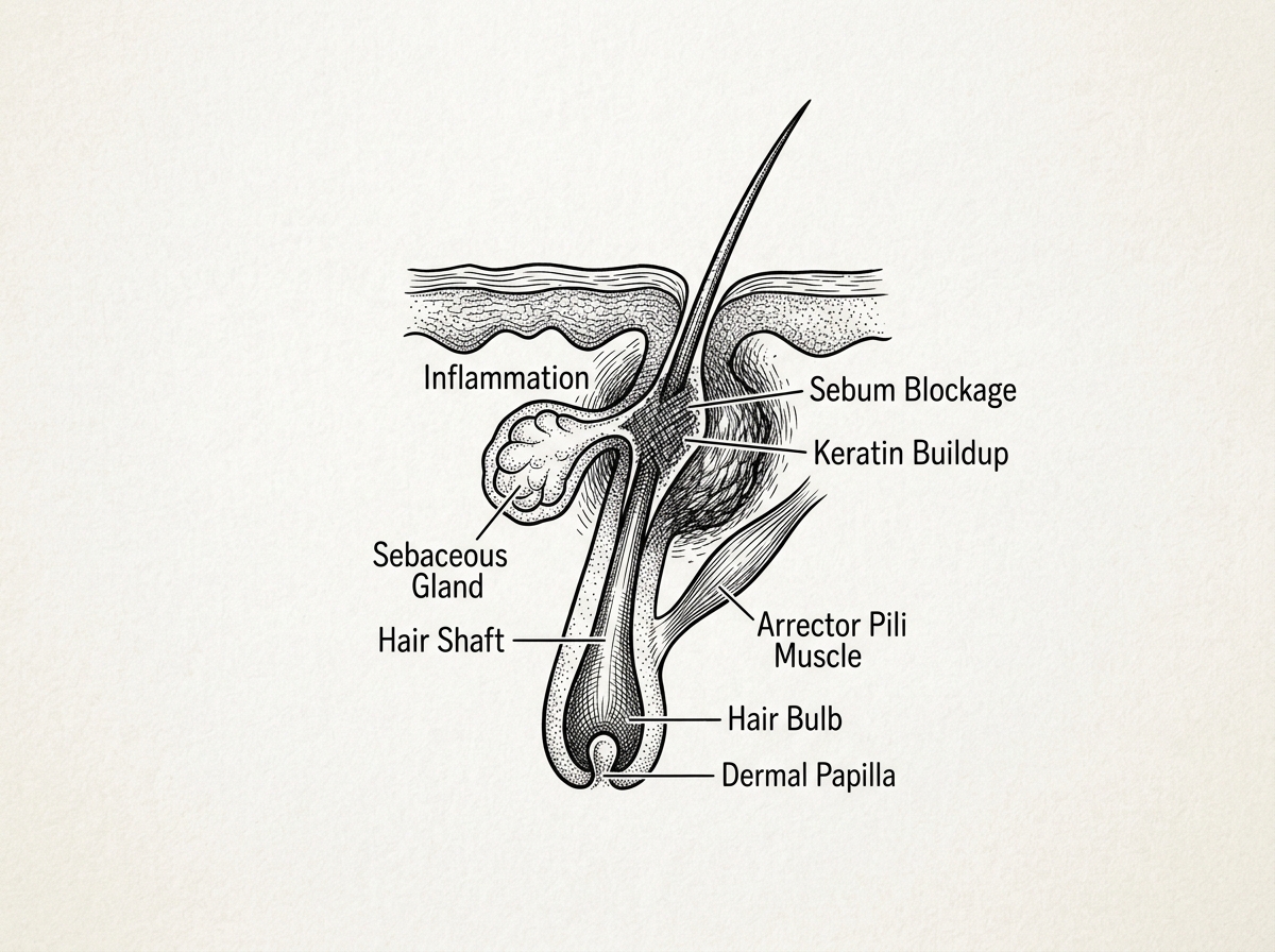 A detailed cross-section of a human hair follicle showing a blockage of sebum and keratin leading to inflammation - home