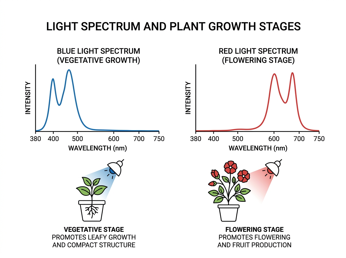 Graphic showing the red and blue light spectrums and how they affect plant growth stages - indoor herb garden with grow