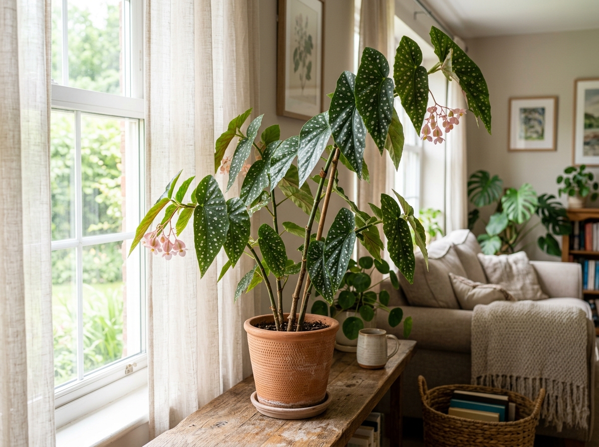 Angel wing begonia near a bright window - angel wing plant care indoors