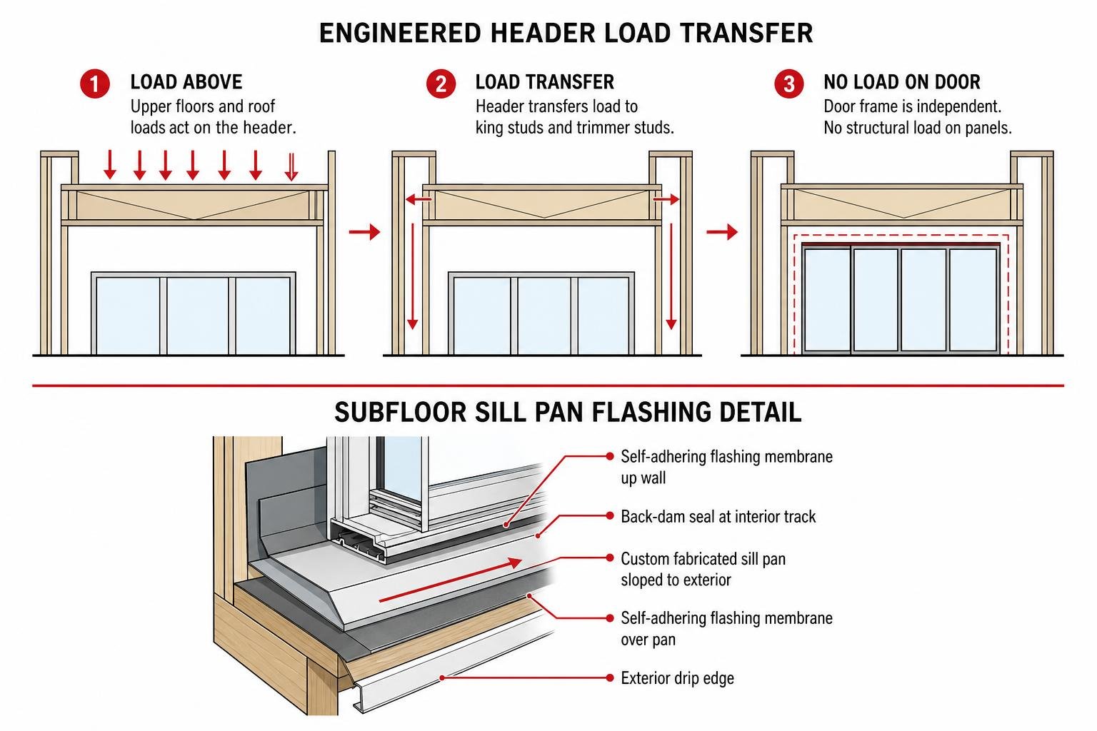Diagram illustrating engineered header load transfer and subfloor sill pan flashing detail Diagram illustrating engineered header load transfer and subfloor sill pan flashing detail