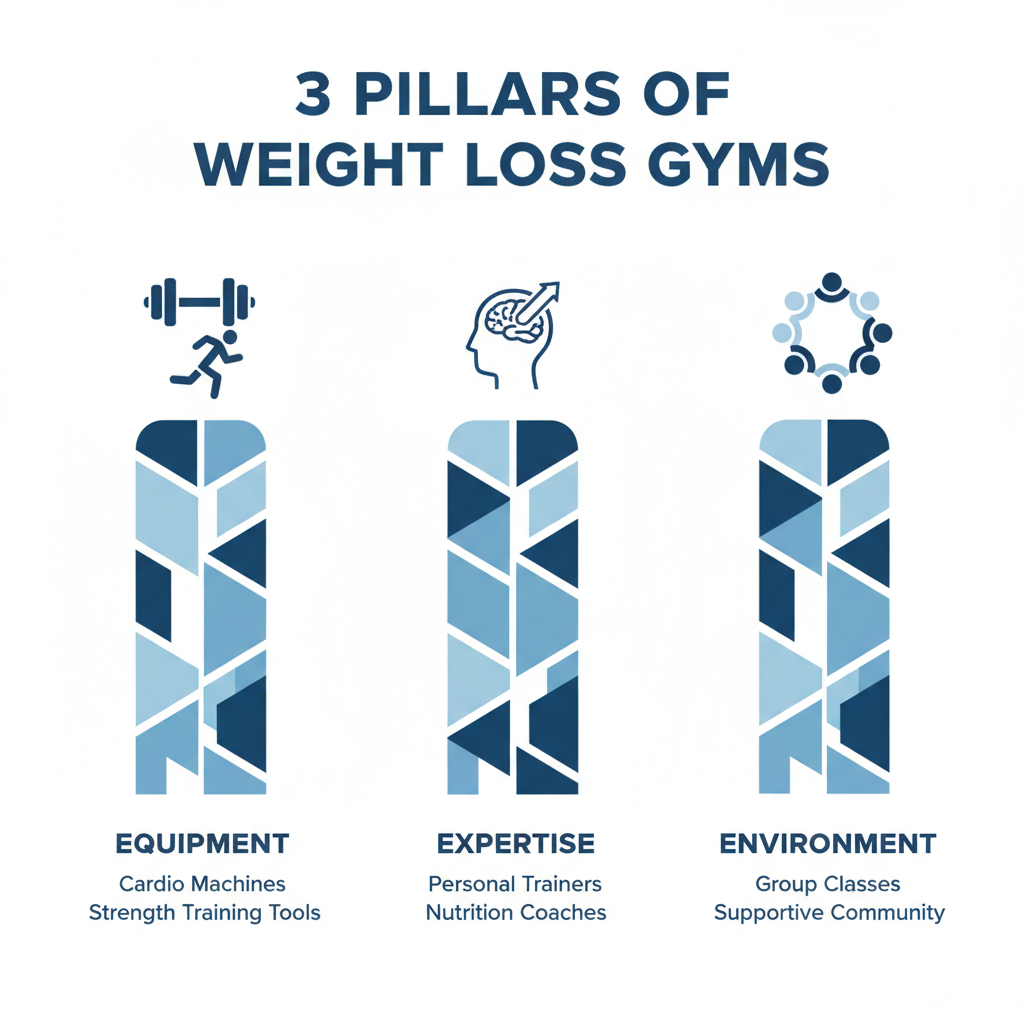 Infographic showing three pillars of successful weight loss gyms: Equipment pillar with cardio machines and strength training tools, Expertise pillar with personal trainers and nutrition coaches, and Environment pillar with group fitness classes and supportive community members - best gym for weight loss infographic 