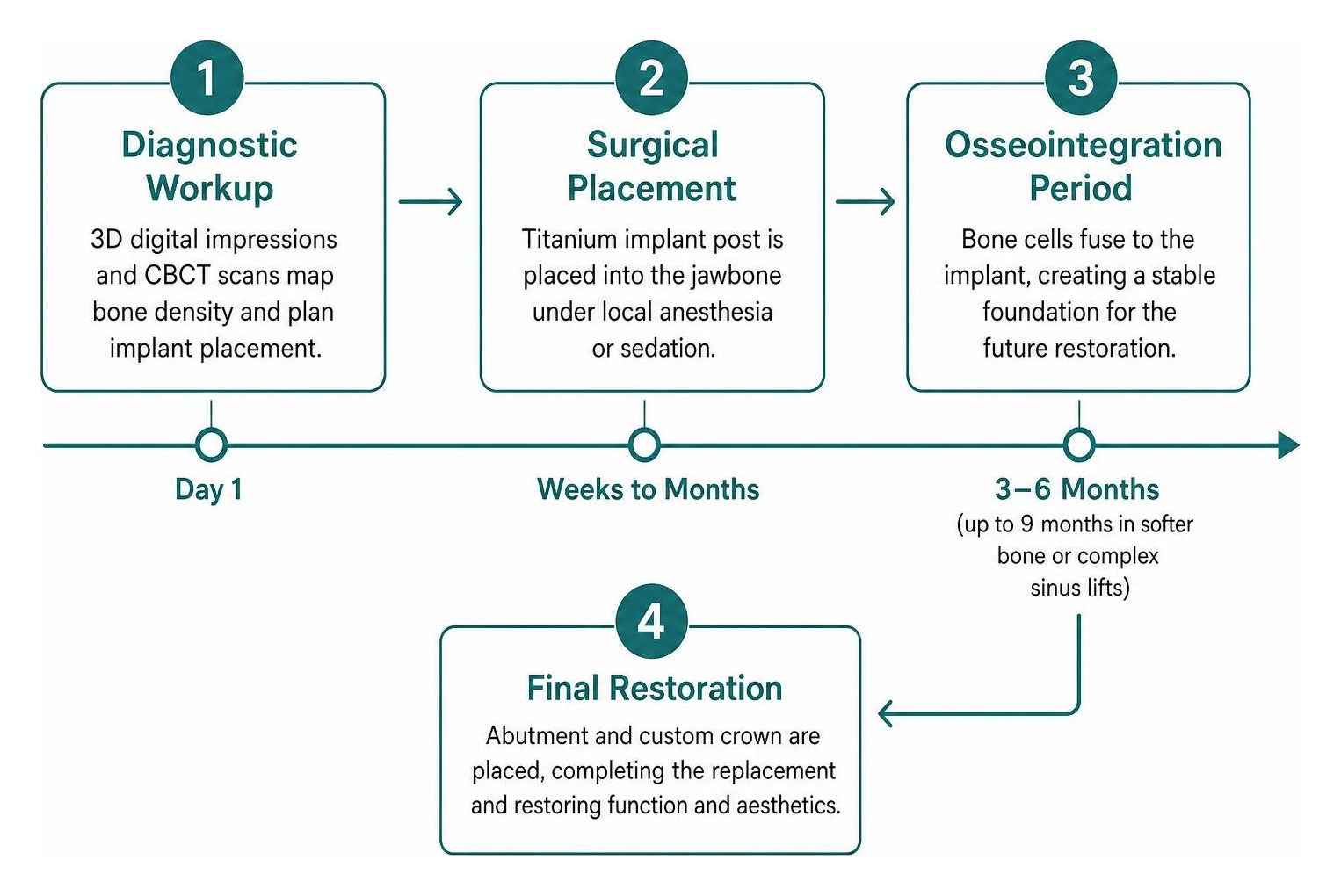 Timeline of single tooth implant integration over several months Timeline of single tooth implant integration over several months