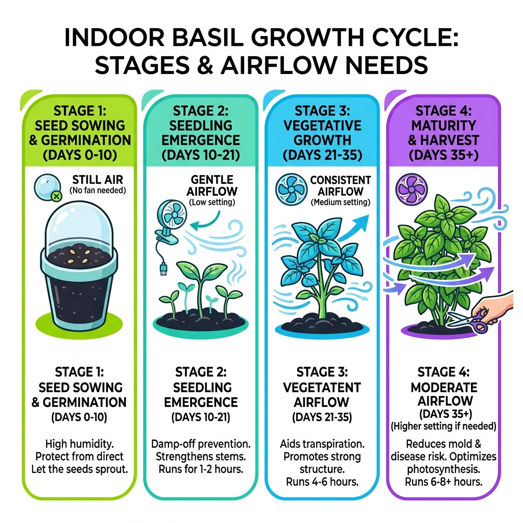 Infographic showing indoor basil growth cycle stages and airflow needs at each stage - basil seeds indoor ventilation Infographic showing indoor basil growth cycle stages and airflow needs at each stage - basil seeds indoor ventilation