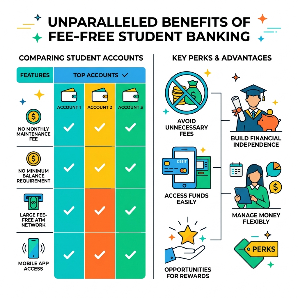 Benefits of fee-free student banking infographic comparing top accounts by fees, ATM access, and perks - best zero balance