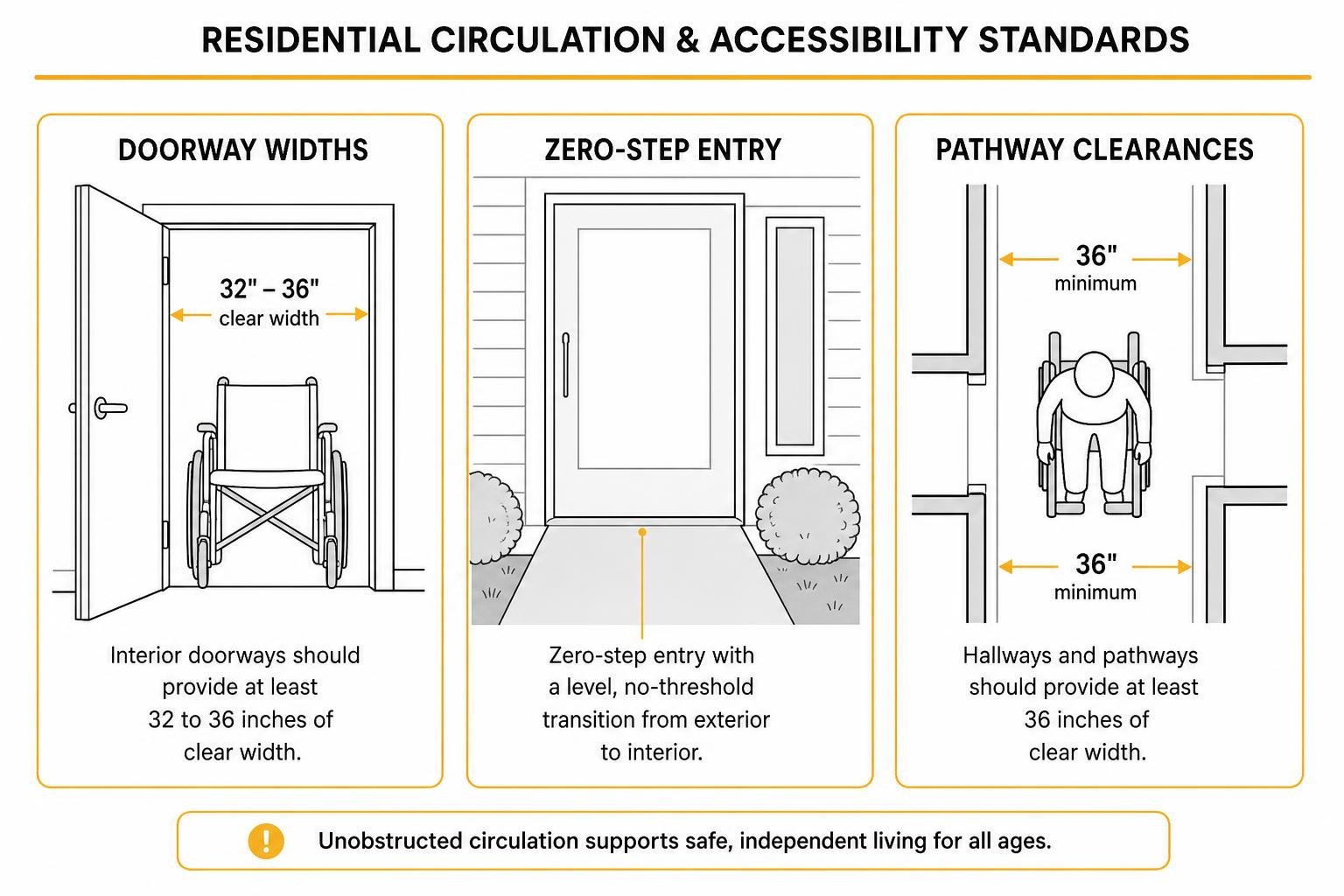 diagram of residential circulation and accessibility standards: doorway widths, zero-step entry, and pathway clearances