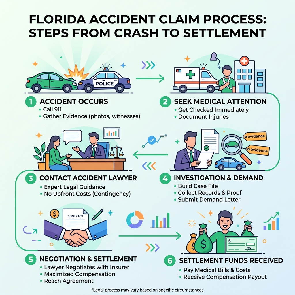 Florida accident claim process infographic: steps from crash to settlement - accident lawyers in miami fl infographic Florida accident claim process infographic: steps from crash to settlement - accident lawyers in miami fl infographic